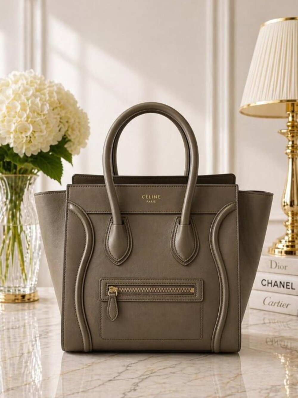 Authentic Celine Nano Luggage Taupe Leather Tote Bag Top Handle Crossbody Luxury